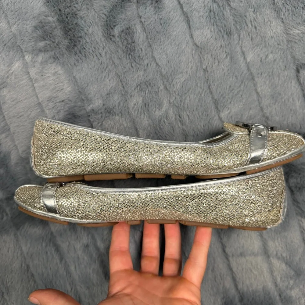 Michael Kors Fulton Moccasin Women 9M Silver Gold Glitter Logo Flat Shoes 9935